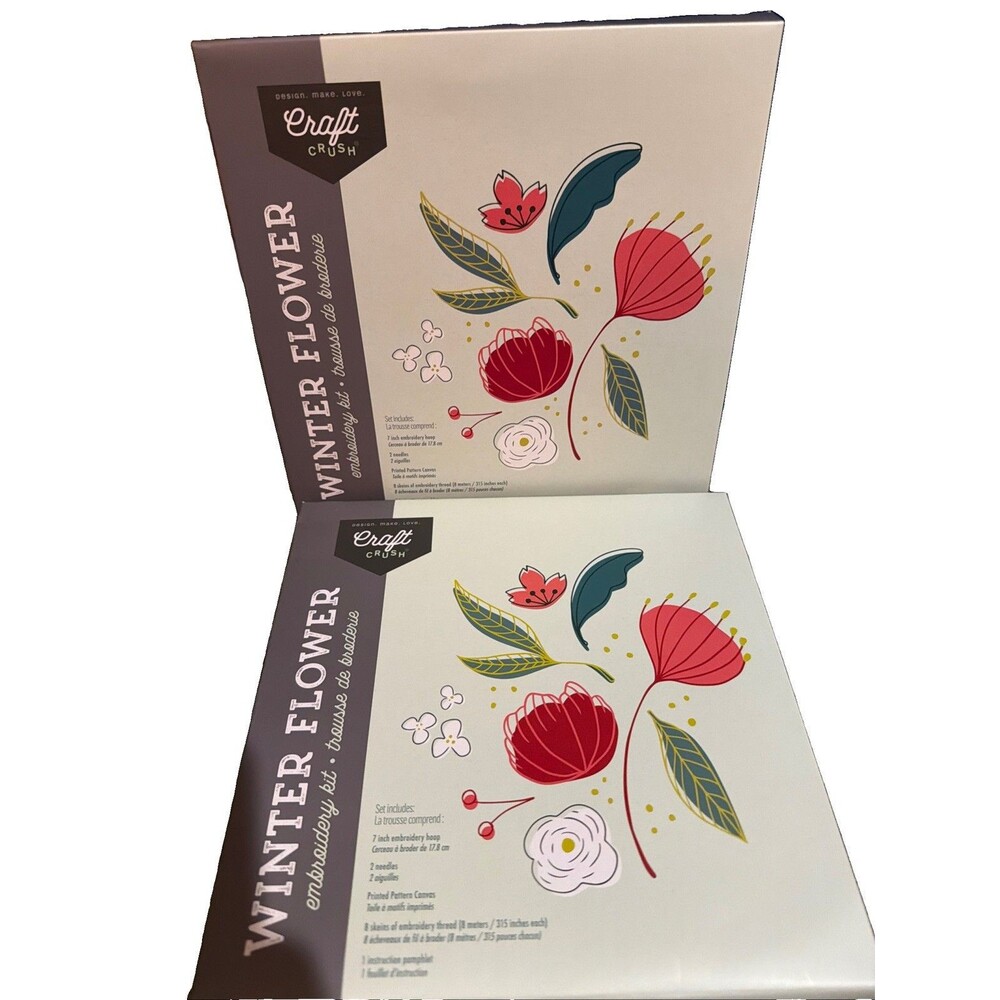 Craft Crush Winter Flower Embroidery Kits (x2) 7" Hoop Pattern Canvas Thread NEW